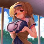  10s 1girl blush breast_lift breasts clouds cloudy_sky erect_nipples hairband i-26_(kantai_collection) kantai_collection large_breasts light_brown_eyes light_brown_hair long_hair minami_(apricot_tea) nose_blush school_swimsuit sky solo swimsuit two-tone_hairband two_side_up upper_body wavy_mouth 