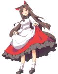  1girl :d animal_ears blush bobby_socks breasts brooch brown_hair dress dress_lift fang full_body hasebe_yuusaku imaizumi_kagerou jewelry lifted_by_self loafers long_hair long_sleeves looking_at_viewer medium_breasts open_mouth red_eyes shoes smile socks solo standing tail touhou wide_sleeves wolf_ears wolf_tail 