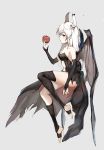  1girl albino apple bangs bare_shoulders black_legwear breasts cleavage collarbone demon_horns demon_wings detached_sleeves food from_side fruit grey_background hand_up holding holding_fruit horns kneehighs medium_breasts mismatched_legwear original red_eyes sidelocks simple_background single_kneehigh single_thighhigh solo thigh-highs toeless_legwear unajuu_(set_mk) white_hair wings 