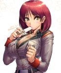  1girl amania_orz belt blush breasts brown_eyes brown_hair collar eating food gundam gundam_lost_war_chronicles huge_breasts ice_cream looking_at_viewer military military_uniform noel_anderson parted_lips shiny shiny_skin short_hair simple_background solo sucking sweat teeth uniform white_background 
