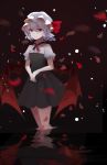  1girl absurdres alternate_costume bat_wings blue_hair commentary_request dress hands_together hat highres looking_at_viewer mangata mob_cap partially_submerged petals puffy_short_sleeves puffy_sleeves red_eyes reflection remilia_scarlet ripples short_sleeves solo touhou water wings 