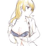  1girl absurdres alternate_hairstyle blonde_hair blue_bra blue_eyes bra braid breasts cleavage darjeeling dress_shirt girls_und_panzer hair_down highres lace lace-trimmed_bra looking_to_the_side medium_breasts open_clothes partially_unbuttoned shirt short_hair sketch solo underwear visible_air white_background 
