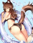  1girl :&lt; animal_ears ass bikini black_bikini blush breasts brown_hair houdukixx imaizumi_kagerou looking_at_viewer looking_back medium_breasts red_eyes side-tie_bikini sideboob solo swimsuit tail touhou water wolf_ears wolf_tail 