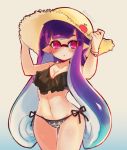  1girl apple bangs bikini black_bikini blunt_bangs blush bracelet breasts cleavage conomi-c5 cowboy_shot domino_mask food fruit hands_on_headwear hat hat_ornament inkling jewelry long_hair looking_at_viewer mask medium_breasts parted_lips pointy_ears purple_hair side-tie_bikini solo splatoon standing straw_hat sun_hat swimsuit tentacle_hair thigh_gap twitter_username violet_eyes 