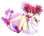  1girl :o bow cosplay demon_tail disgaea earrings etna fang flonne flonne_(cosplay) flonne_(fallen_angel) full_body heart heart_earrings jewelry leotard lololotton makai_senki_disgaea pointy_ears red_bow red_eyes red_leotard redhead short_hair slit_pupils solo spiky_hair tail tail_bow twintails white_background white_bow 