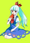  1girl :d alternate_hairstyle bangs blue_dress blue_hair breasts commentary_request dress eyebrows_visible_through_hair food fruit green_background green_hair hair_ornament hair_ribbon hand_on_lap hand_up holding holding_fruit kamishirasawa_keine layered_dress long_hair looking_at_viewer open_mouth ponytail red_eyes red_ribbon ribbon seiza short_sleeves shukinuko sidelocks simple_background sitting sleeveless sleeveless_dress smile solo touhou watermelon white_dress 