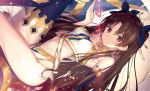  1girl artist_request bare_shoulders black_hair black_ribbon crown earrings fate/grand_order fate_(series) gem hair_ribbon ishtar_(fate/grand_order) jewelry long_hair looking_at_viewer red_eyes ribbon single_thighhigh solo thigh-highs tohsaka_rin 