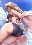  1girl :d ahoge alternate_costume ass bare_arms bare_back bare_shoulders barefoot bikini blonde_hair blush braid breasts commentary_request day fate/grand_order fate_(series) headpiece highres hika_(hikara) large_breasts long_hair looking_at_viewer open_mouth outdoors ruler_(fate/apocrypha) short_hair sideboob single_braid smile solo splashing swimsuit very_long_hair water 