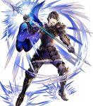  1boy armor armored_boots bangs berkut_(fire_emblem) black_hair boots cape fire_emblem fire_emblem_echoes:_mou_hitori_no_eiyuuou fire_emblem_heroes full_body fur_trim gauntlets grey_eyes highres holding holding_weapon long_sleeves looking_away male_focus mayachise official_art open_mouth pants pauldrons polearm short_hair shoulder_armor smile solo spear transparent_background weapon 