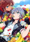  2boys banana black_gloves blue_eyes brown_hair colorful commentary feeding food fruit gloves grapes jacket kingdom_hearts lying male_focus multiple_boys ninomoto on_back open_clothes open_jacket orange riku shirt short_hair silver_hair smile sora_(kingdom_hearts) starfruit white_shirt yaoi 