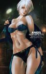 1girl 21yc_(september_breeze) angel_(kof) artist_name breasts chaps cleavage fingerless_gloves gloves grey_eyes hair_over_one_eye highres jacket jacket_removed looking_at_viewer medium_breasts navel open_clothes silver_hair smile solo standing stomach the_king_of_fighters toned 