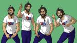  1boy ahoge arm_up artist_name beard black_hair clenched_hand commentary denim edward_teach_(fate/grand_order) facial_hair fate/grand_order fate_(series) green_background highres jamrolypoly jeans mustache pants parody shia_labeouf shirt white_shirt 