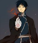  &gt;:) 1boy black_eyes black_hair coat electricity frown fullmetal_alchemist gloves grey_background light looking_at_hands lowres riru roy_mustang short_hair simple_background smile solo_focus sparks uniform 