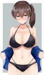  1girl bikini black_bikini blue_jacket blush border breasts brown_eyes brown_hair cleavage closed_mouth collarbone gluteal_fold grey_background highres jacket kaga_(kantai_collection) kantai_collection large_breasts looking_at_viewer medium_hair ninoude_(ninoude44) outside_border side_ponytail simple_background skindentation solo swimsuit white_border wide_hips 