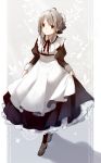  1girl ahoge apron black_dress black_legwear breasts coffee_beans commentary_request dress full_body gradient gradient_background highres maid maid_apron original shadow short_hair_with_long_locks sidelocks silver_hair skirt_hold small_breasts solo spoon standing two-tone_background white_apron yuzuyomogi 