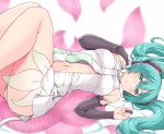  1girl aqua_eyes aqua_hair bridal_gauntlets hasu_(hk_works) hatsune_miku long_hair looking_at_viewer miku_append nail_polish navel necktie solo thigh-highs twintails vocaloid vocaloid_append 