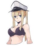 10s 1girl akagawa007 black_bra blonde_hair blue_eyes blush bra braid breasts graf_zeppelin_(kantai_collection) hair_over_breasts hat highres kantai_collection long_hair looking_at_viewer medium_breasts no_legs peaked_cap simple_background solo twintails underwear upper_body 
