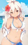  1girl absurdres bangs beach bikini blue_skirt blush breasts brown_eyes cleavage closed_mouth collarbone cowboy_shot cowlick day eyebrows_visible_through_hair flower front-tie_bikini front-tie_top granblue_fantasy grey_hair hair_between_eyes hibiscus highres jacket long_hair looking_at_viewer medium_breasts navel ocean open_clothes open_jacket outdoors pleated_skirt red_flower side-tie_bikini skirt skirt_pull smile solo swimsuit the_order_grande tsuzaki_tsunomi white_bikini 