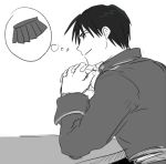  1boy black black_eyes black_hair elbows_on_table fullmetal_alchemist grey grin interlocked_fingers looking_away lowres monochrome riru roy_mustang short_hair simple_background skirt smile solo table thinking thought_bubble uniform white white_background 