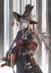  1boy artist_name beads belt black_hat braid cowboy_shot grey_eyes hat highres long_hair looking_at_viewer male_focus parted_lips pipe pouch scroll silver_hair smoking soyoong_jun standing sword weapon 