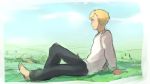  1boy alphonse_elric arm_support barefoot black_pants clouds day frame fullmetal_alchemist grass happy knee_up landscape long_hair long_sleeves looking_afar looking_away mountain nature pants riru shirt short_hair sitting sky smile solo_focus tree white_shirt 