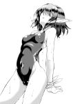  1girl arms_behind_back bangs bare_arms bare_shoulders blush bondage bound bound_wrists breasts collarbone covered_eyes covered_navel cowboy_shot elf erect_nipples fingernails groin hair_over_eyes kawajuu legs_apart monochrome one-piece_swimsuit open_mouth original pointy_ears restrained school_swimsuit short_hair simple_background skin_tight small_breasts solo standing sweat swimsuit white_background 