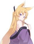  1girl :3 animal_ears back_tattoo bangs bare_shoulders black_ribbon blonde_hair closed_mouth concon_confederation eyebrows_visible_through_hair fan folding_fan fox_ears fox_girl from_side hair_ribbon highres holding holding_fan japanese_clothes kimono long_hair looking_at_viewer looking_back parted_bangs ponytail purple_kimono ribbon smile solo tattoo thick_eyebrows transparent_background upper_body very_long_hair violet_eyes whisker_markings yagi_(ningen) 