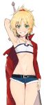  1girl arm_at_side arm_up armpits blonde_hair braid cowboy_shot cutoffs denim denim_shorts fate/apocrypha fate_(series) flat_chest green_eyes grin hair_ornament hand_on_own_thigh jacket jewelry looking_at_viewer midriff navel necklace nesume off_shoulder ponytail saber_of_red short_hair short_shorts shorts simple_background smile solo strapless sword thigh_gap tubetop weapon white_background 