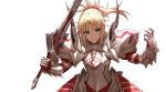  1girl armor blonde_hair commentary_request famepeera fate/apocrypha fate_(series) green_eyes long_hair ponytail saber_of_red smile solo sword weapon 