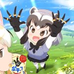  &gt;:d 2girls :d animal_ears black_bow black_bowtie black_gloves black_hair black_skirt blonde_hair blush bow bowtie brown_eyes clouds common_raccoon_(kemono_friends) day eating fennec_(kemono_friends) fox_ears gloves grey_hair holding jitome kemono_friends meadow miniskirt mouth_hold multicolored_hair multiple_girls mushi_gyouza open_mouth outdoors pantyhose pleated_skirt product_placement raccoon_ears skirt sky smile snack standing sunlight white_legwear 