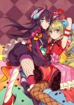  2girls :&lt; armpits arms_up black_hair blonde_hair blue_eyes checkered checkered_background food_themed_hair_ornament gloves hair_ornament long_hair looking_at_viewer mismatched_legwear multiple_girls ninomoto original pantyhose personification purple_hair sitting violet_eyes 