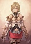  1girl anbe_yoshirou ashelia_b&#039;nargin_dalmasca belt blonde_hair breasts cleavage detached_sleeves final_fantasy final_fantasy_xii highres looking_to_the_side midriff navel short_hair skirt solo thigh-highs 