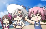  &gt;_&lt; +++ 3girls bikini brown_hair commentary cosplay dated drill_hair fate/grand_order fate_(series) flower grey_hair hair_flower hair_ornament hamu_koutarou harukaze_(kantai_collection) hat highres kantai_collection kinugasa_(kantai_collection) kunashiri_(kantai_collection) multiple_girls name_tag pink_hair scathach_(fate/grand_order) scathach_(swimsuit_assassin)_(fate) scathach_(swimsuit_assassin)_(fate)_(cosplay) school_swimsuit sun_hat sunglasses swimsuit towel towel_around_neck 