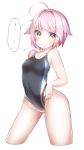  1girl ahoge black_swimsuit competition_swimsuit contrapposto cowboy_shot flat_chest highleg highleg_swimsuit highres looking_at_viewer one-piece_swimsuit original pink_hair reirou_(chokoonnpu) short_hair simple_background solo swimsuit white_background yellow_eyes 