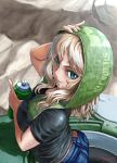  1girl abazu-red artist_signature black_shirt blonde_hair blue_eyes bottle breasts denim emblem girls_und_panzer ground_vehicle highres jeans kay_(girls_und_panzer) looking_at_viewer looking_up military military_vehicle motor_vehicle pants saunders_(emblem) shirt solo sweat t-shirt tank towel water_bottle 