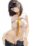  1girl argyle_necktie bangs black_hair blue_eyes bracelet breasts cleavage contrapposto cowboy_shot eyebrows_visible_through_hair front-tie_top gluteal_fold head_tilt hips jewelry kekemotsu large_breasts looking_at_viewer medium_hair navel necktie one-piece_swimsuit original pants_pull parted_lips shirt shirt_lift side-tie_swimsuit simple_background smile solo sunglasses sunglasses_on_head swimsuit swimsuit_under_clothes thighs tsurime white_background white_shirt white_swimsuit yellow_necktie 