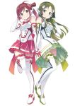  2girls azuki_(vocaloid4) back-to-back boots detached_sleeves dress frills green_hair hand_on_headphones headphones kanzaki_hiro kobayashi_matcha long_hair looking_at_viewer masaoka_azuki matcha_(vocaloid4) multiple_girls official_art redhead short_hair smile standing standing_on_one_leg thigh-highs thigh_boots vocaloid white_boots 