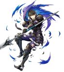  1boy armor armored_boots bangs berkut_(fire_emblem) black_hair boots broken_armor cape fire_emblem fire_emblem_echoes:_mou_hitori_no_eiyuuou fire_emblem_heroes full_body fur_trim gauntlets grey_eyes highres holding holding_weapon long_sleeves looking_away male_focus mayachise official_art pants pauldrons polearm short_hair shoulder_armor solo torn_clothes transparent_background weapon 