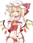  +++ 1girl ascot bangs blonde_hair blush bow brown_eyes commentary_request cowboy_shot eyebrows_visible_through_hair fang flandre_scarlet groin hand_up hat hat_bow long_hair looking_at_viewer mob_cap navel no_pants open_mouth panties paragasu_(parags112) red_bow red_panties shirt short_sleeves side-tie_panties side_ponytail simple_background smile solo stomach touhou underwear white_background white_hat wristband 