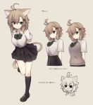  1girl :3 ahoge animal_ears bangs beige_background black_legwear black_skirt blouse brown_hair cat_ears cat_tail chibi closed_mouth eyebrows_visible_through_hair full_body green_eyes hair_between_eyes kneehighs looking_at_viewer multiple_views natsuki_teru nekomiya_ryuu original pleated_skirt school_uniform short_hair short_sleeves simple_background skirt smile standing standing_on_one_leg sweater_vest tail white_blouse 