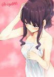  1girl arm_up bangs black_hair blue_eyes blush breasts cleavage closed_mouth collarbone commentary_request cowboy_shot eyebrows_visible_through_hair hand_on_own_head highres medium_breasts naked_towel new_game! nigo_(aozoragarou) pink_background sidelocks solo steam takimoto_hifumi towel twitter_username wet wet_hair wet_towel 