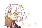  1girl assassin_of_black bandage bandaged_arm chestnut_mouth chibi fate/grand_order fate_(series) gameplay_mechanics gloves green_eyes midriff nuu_(nu-nyu) object_on_head open_mouth scar scar_across_eye short_hair solo star translated white_hair 