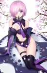  1girl arm_at_side arm_support bangs bare_shoulders black_legwear black_leotard blush breasts cherry_blossoms cleavage cleavage_cutout closed_mouth collar collarbone cowboy_shot elbow_gloves eyebrows_visible_through_hair eyelashes fate/grand_order fate_(series) finger_to_mouth gloves groin hair_over_one_eye highres index_finger_raised kyoukai33 large_breasts lavender_flower leaf leotard looking_at_viewer navel navel_cutout petals pink_hair purple_gloves shield shielder_(fate/grand_order) shiny shiny_hair shiny_skin shoes short_hair shushing simple_background sitting skindentation smile solo tareme thigh-highs thigh_strap violet_eyes white_background 