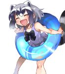 1girl ^_^ ^o^ animal_ears bare_shoulders black_bow blush bow closed_eyes common_raccoon_(kemono_friends) fang grey_hair hair_bow happy innertube kemono_friends multicolored_hair open_mouth raccoon_ears raccoon_tail simple_background smile solo tail two-tone_hair white_background white_hair 