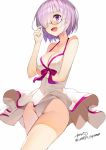  1girl :d bare_shoulders black-framed_eyewear blush breast_hold breasts casual_one-piece_swimsuit cleavage covered_navel cowboy_shot fate/grand_order fate_(series) glasses hair_over_one_eye halterneck large_breasts looking_at_viewer matsui_hiroaki one-piece_swimsuit open_mouth purple_hair shielder_(fate/grand_order) short_hair simple_background smile solo swimsuit violet_eyes white_background white_swimsuit 