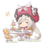  1girl butterfly cake chair closed_eyes dress fate/grand_order fate_(series) food gloves hat long_hair marie_antoinette_(fate/grand_order) nunohashi_(shock_wave) silver_hair sitting smile solo table twintails 