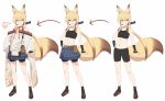  1girl animal_ears bangs bare_shoulders belt belt_pouch bike_shorts black_gloves black_legwear blonde_hair blue_ribbon blue_skirt brown_hair closed_mouth directional_arrow eyebrows_visible_through_hair fang fingerless_gloves fox_ears fox_girl fox_tail full_body gloves gradient_hair green_eyes hair_between_eyes hair_ribbon hand_on_hip japanese_clothes legs_apart long_hair looking_at_viewer low_ponytail magatama midriff multicolored_hair multiple_views navel original pleated_skirt ribbon sandals shorts_under_skirt simple_background skirt smile socks sports_bra standing tail tamakagura_inari white_background wide_sleeves yagi_(ningen) 