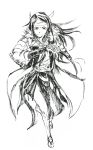  1girl armor artist_request commentary_request fire_emblem fire_emblem:_kakusei full_body fur_trim greyscale headband holding holding_sword holding_weapon japanese_clothes katana long_hair looking_at_viewer monochrome sairi_(fire_emblem) sandals scabbard sheath simple_background sketch solo sword weapon white_background 