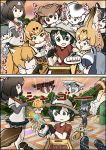  2koma 6+girls :d :o animal_ears bear_ears bear_paw_hammer black-tailed_prairie_dog_(kemono_friends) black_gloves black_hair blonde_hair blowtorch blue_eyes bow bowtie brown_bear_(kemono_friends) brown_eyes brown_hair chopsticks comic common_raccoon_(kemono_friends) emphasis_lines eurasian_eagle_owl_(kemono_friends) ezo_red_fox_(kemono_friends) falcon9r fire fleet flying footprints fox_ears fox_tail fur_collar gloves gradient_hair grey_hair grey_wolf_(kemono_friends) hair_between_eyes hand_on_another&#039;s_head hat head_wings holding holding_weapon jaguar_(kemono_friends) jaguar_ears jaguar_print jaguar_tail jumping kaban_(kemono_friends) kemono_friends long_hair lying miniskirt multicolored_hair multiple_girls northern_white-faced_owl_(kemono_friends) open_mouth otter_tail outdoors over_shoulder paw_print plaid plaid_skirt prairie_dog_tail raccoon_ears red_shirt serval_(kemono_friends) serval_ears serval_print serval_tail shirt short_hair short_sleeves skirt small-clawed_otter_(kemono_friends) smile spread_wings t-shirt tail tail_feathers thigh-highs twilight weapon weapon_over_shoulder white_hair wolf_ears wolf_tail yellow_eyes zettai_ryouiki 