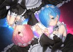  2girls bare_shoulders blue_eyes blue_hair blush bob_cut detached_sleeves hair_ornament hair_over_one_eye hairband hairclip hand_holding lying maid mia_(miaflocon) multiple_girls on_side pink_eyes pink_hair ram_(re:zero) re:zero_kara_hajimeru_isekai_seikatsu rem_(re:zero) rotational_symmetry short_hair siblings sisters twins 